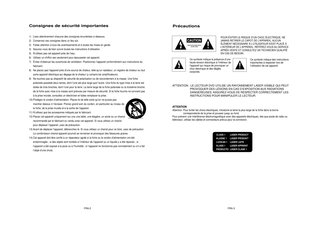 Samsung DVD-HD950 manual Consignes de sécurité importantes Précautions 