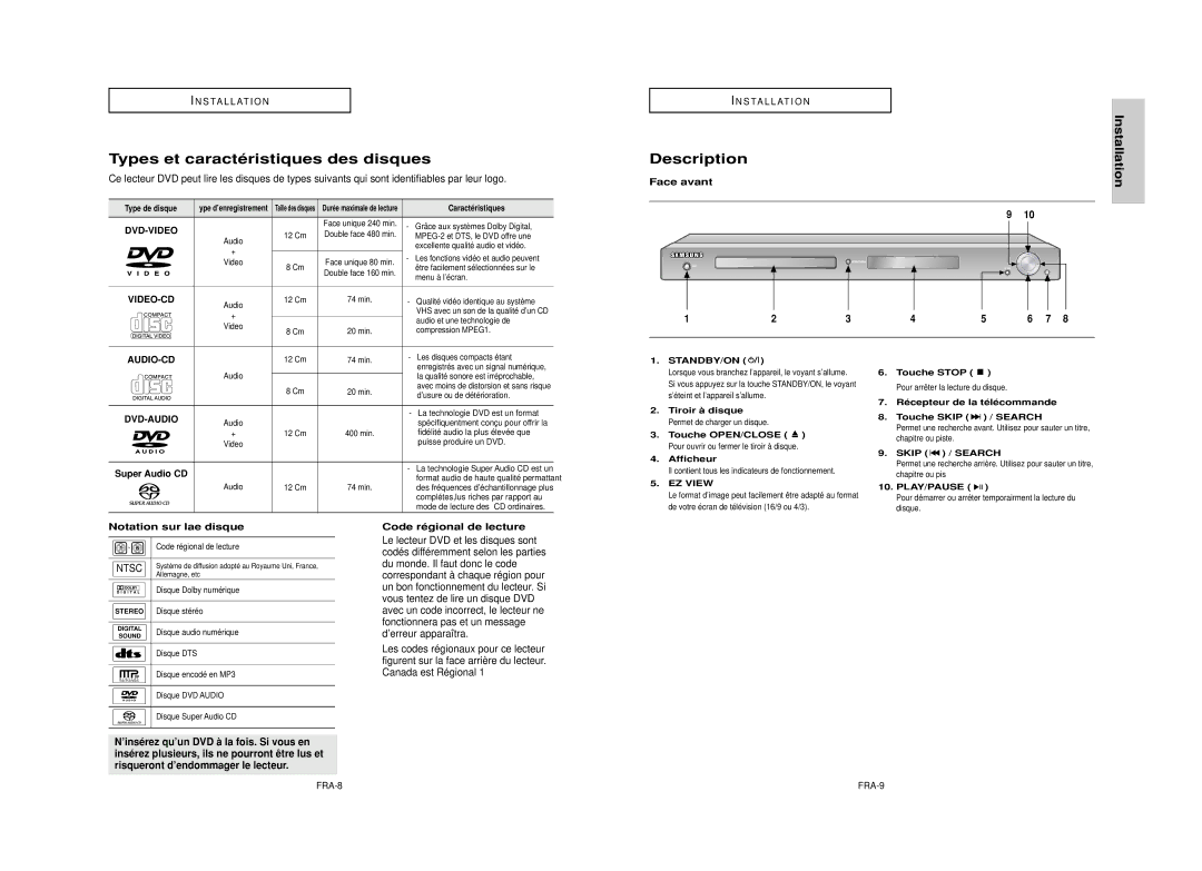 Samsung DVD-HD950 Types et caractéristiques des disques, Face avant, Notation sur lae disque, Code régional de lecture 