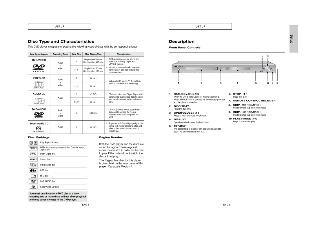 Samsung DVD-HD950 manual Disc Type and Characteristics, Description, Front Panel Controls, Disc Markings, Region Number 
