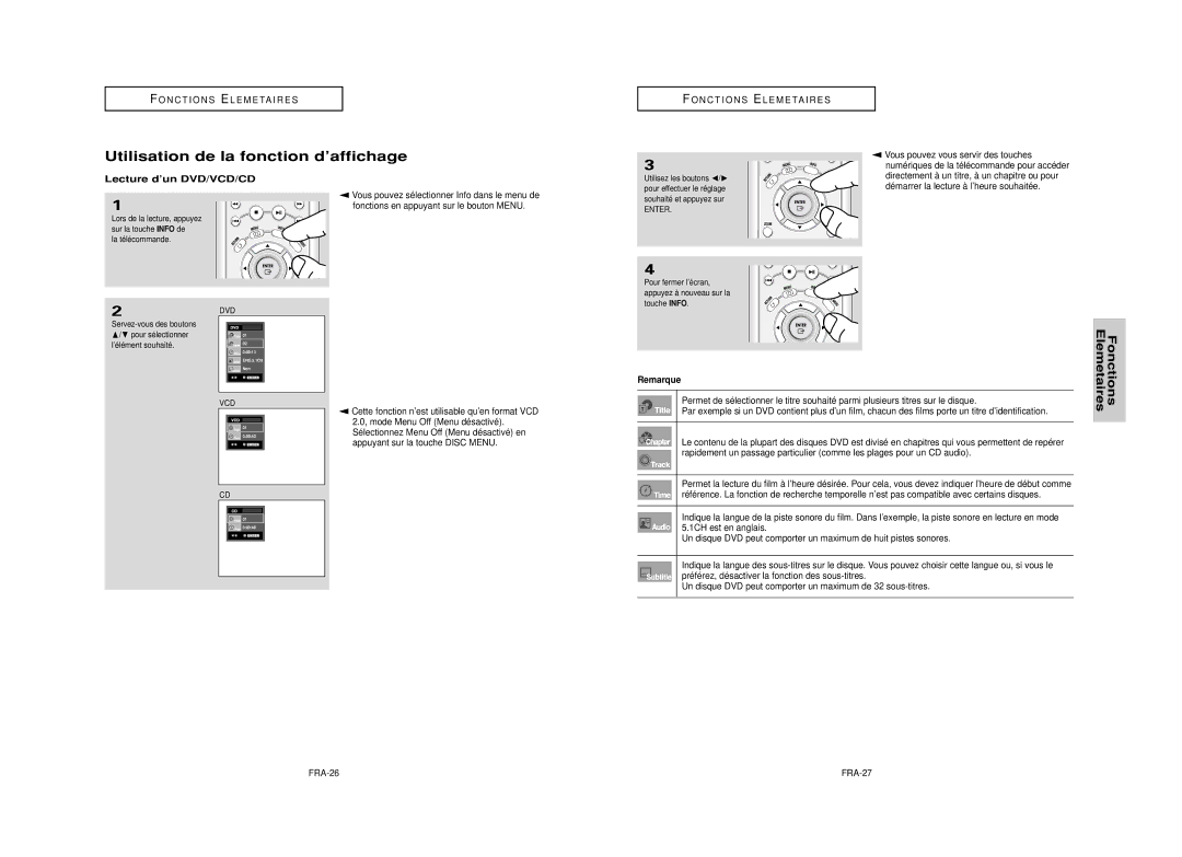 Samsung DVD-HD950 manual Utilisation de la fonction d’affichage, Lecture d’un DVD/VCD/CD, FRA-26 