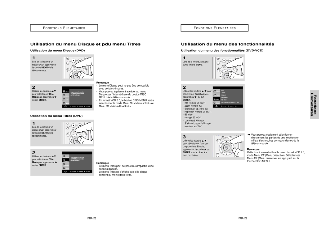 Samsung DVD-HD950 manual Utilisation du menu Disque et pdu menu Titres, Utilisation du menu des fonctionnalités 