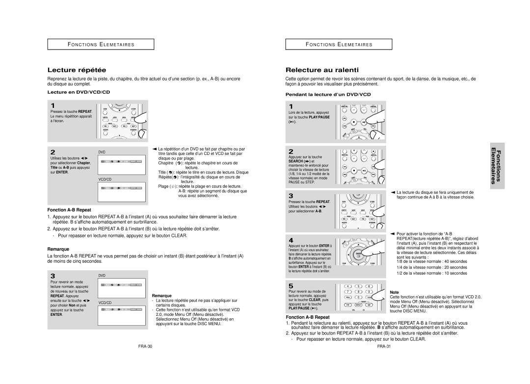 Samsung DVD-HD950 manual Lecture répétée, Relecture au ralenti, Fonction A-B Repeat, Lecture en DVD/VCD/CD 