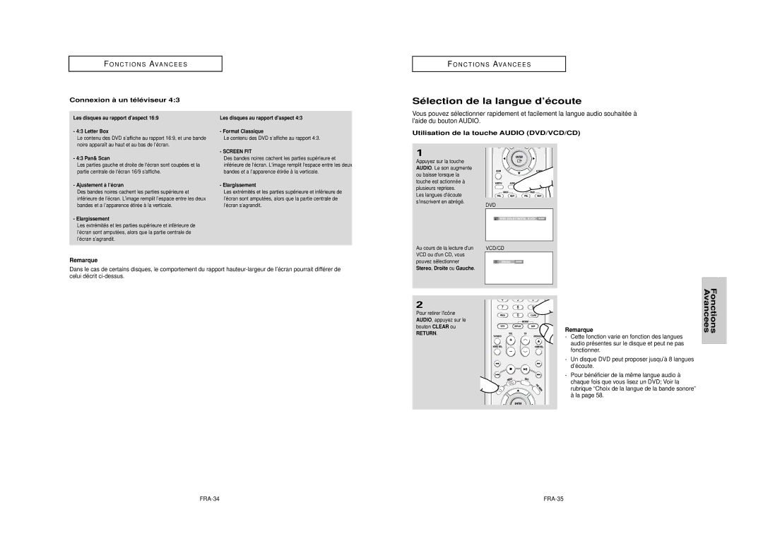 Samsung DVD-HD950 manual Sélection de la langue d’écoute, Utilisation de la touche Audio DVD/VCD/CD, FRA-34, Return 