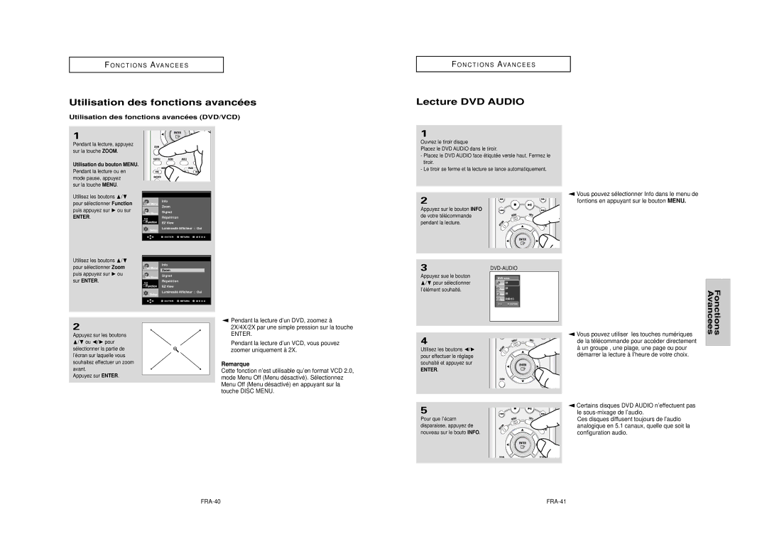 Samsung DVD-HD950 manual Lecture DVD Audio, Utilisation des fonctions avancées DVD/VCD, FRA-40, FRA-41 