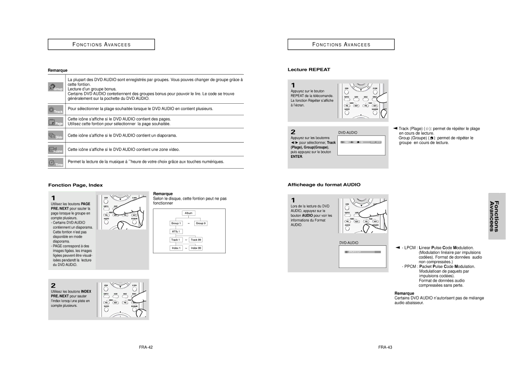 Samsung DVD-HD950 manual Lecture Repeat, Fonction Page, Index, Afficheage du format Audio 