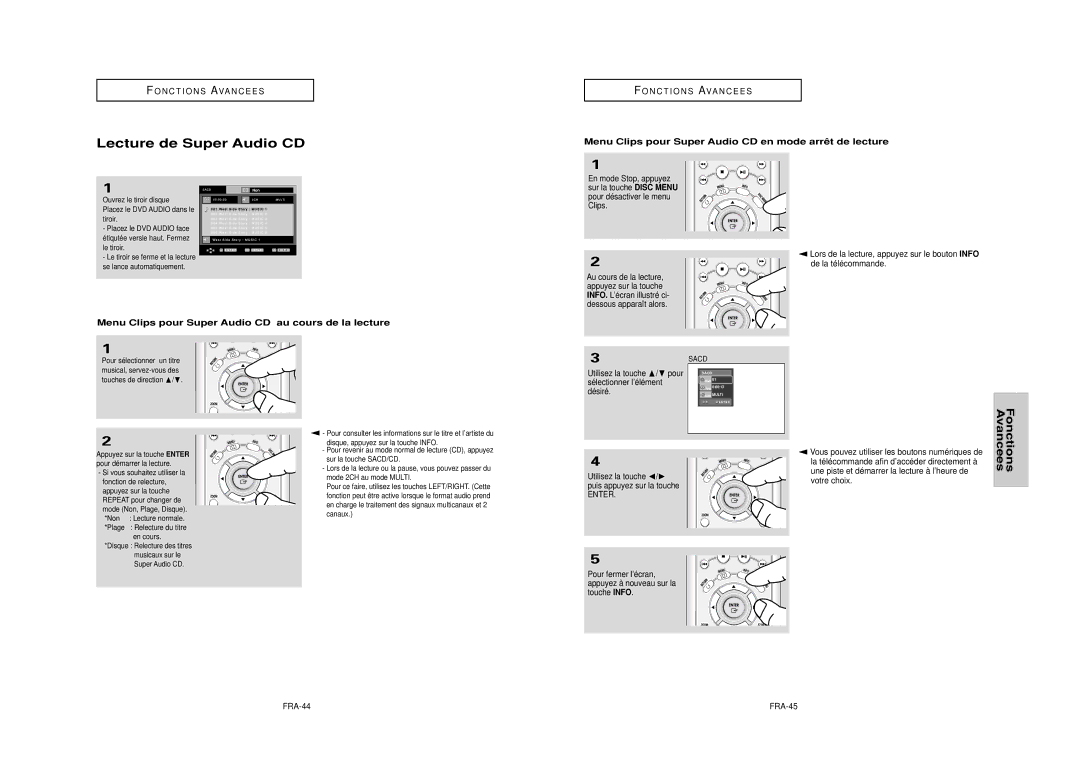 Samsung DVD-HD950 manual Lecture de Super Audio CD, Menu Clips pour Super Audio CD en mode arrêt de lecture 