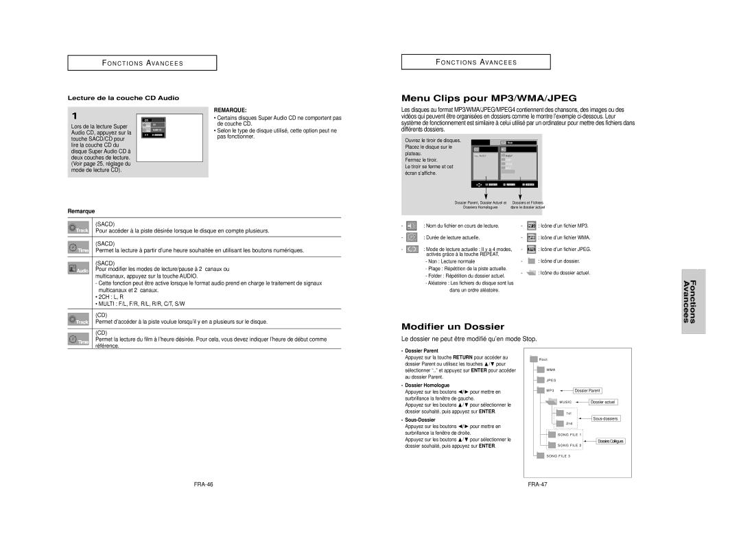 Samsung DVD-HD950 Menu Clips pour MP3/WMA/JPEG, Fonctions Avancees, Modifier un Dossier, Lecture de la couche CD Audio 