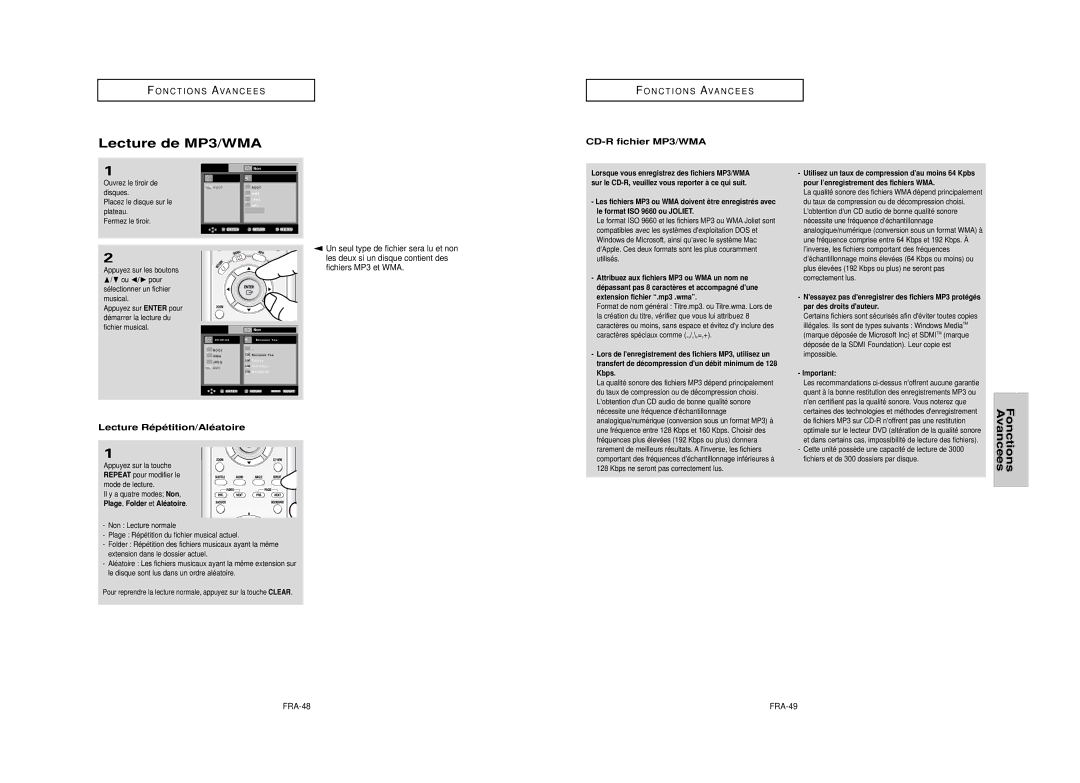 Samsung DVD-HD950 manual Lecture de MP3/WMA, CD-R fichier MP3/WMA, Lecture Répétition/Aléatoire 