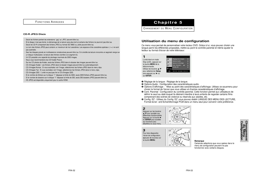 Samsung DVD-HD950 manual Utilisation du menu de configuration, Menu de configuration peuvent ne pas, FRA-52 