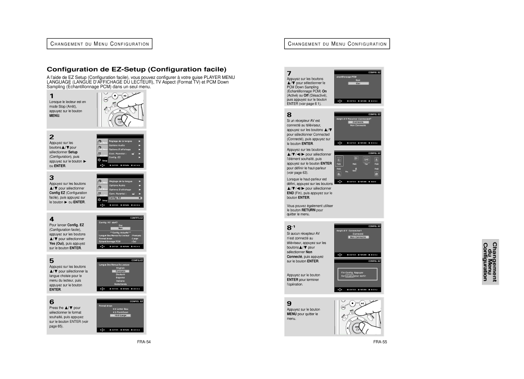 Samsung DVD-HD950 manual Configuration de EZ-Setup Configuration facile, FRA-54, Menu, Sur le bouton Enter, FRA-55 