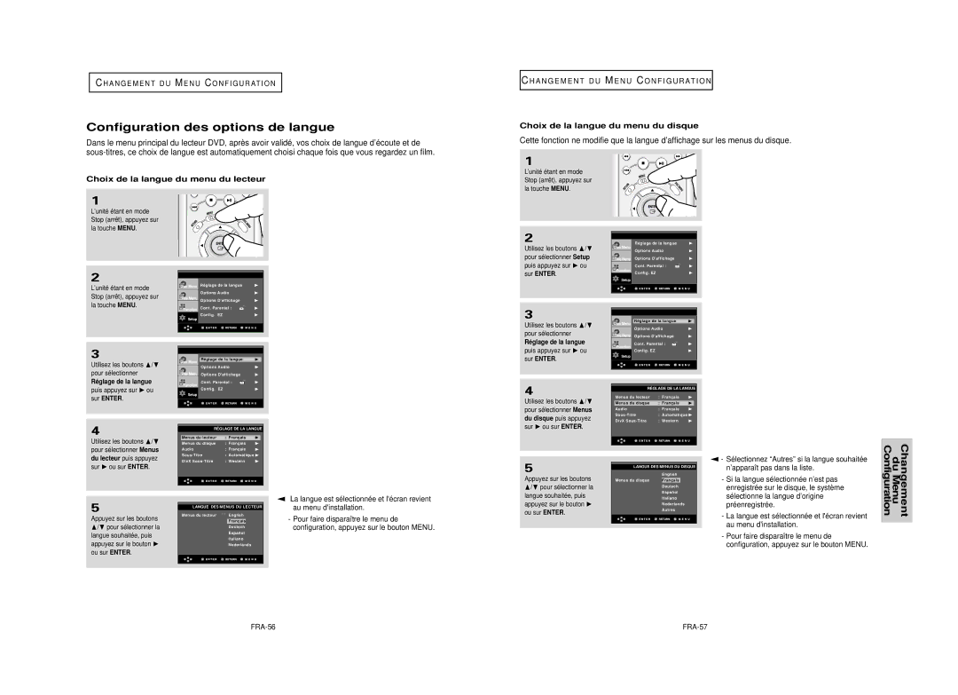 Samsung DVD-HD950 Configuration des options de langue, Choix de la langue du menu du lecteur, FRA-56, Réglage de la langue 