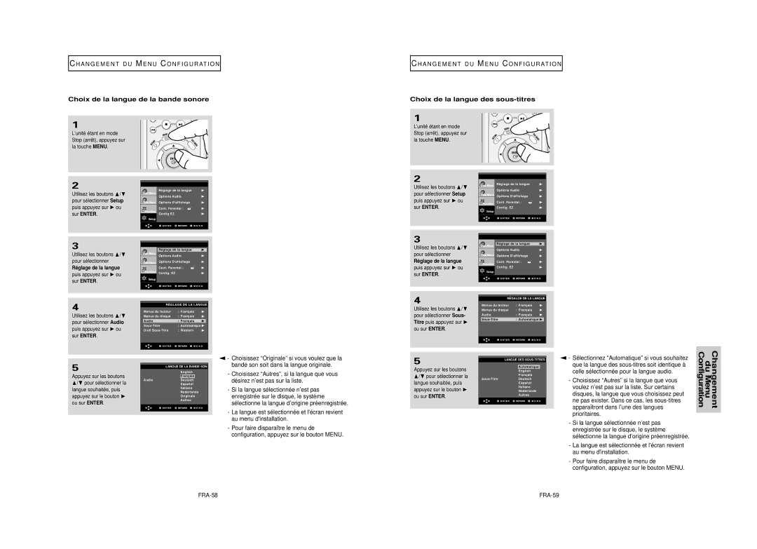 Samsung DVD-HD950 manual Choix de la langue de la bande sonore, Choix de la langue des sous-titres, FRA-58 