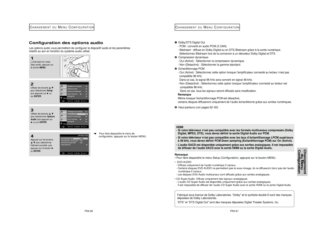 Samsung DVD-HD950 manual Configuration des options audio, ❶ Dolby/DTS Digital Out PCM convertit en audio PCM 2 can, FRA-60 