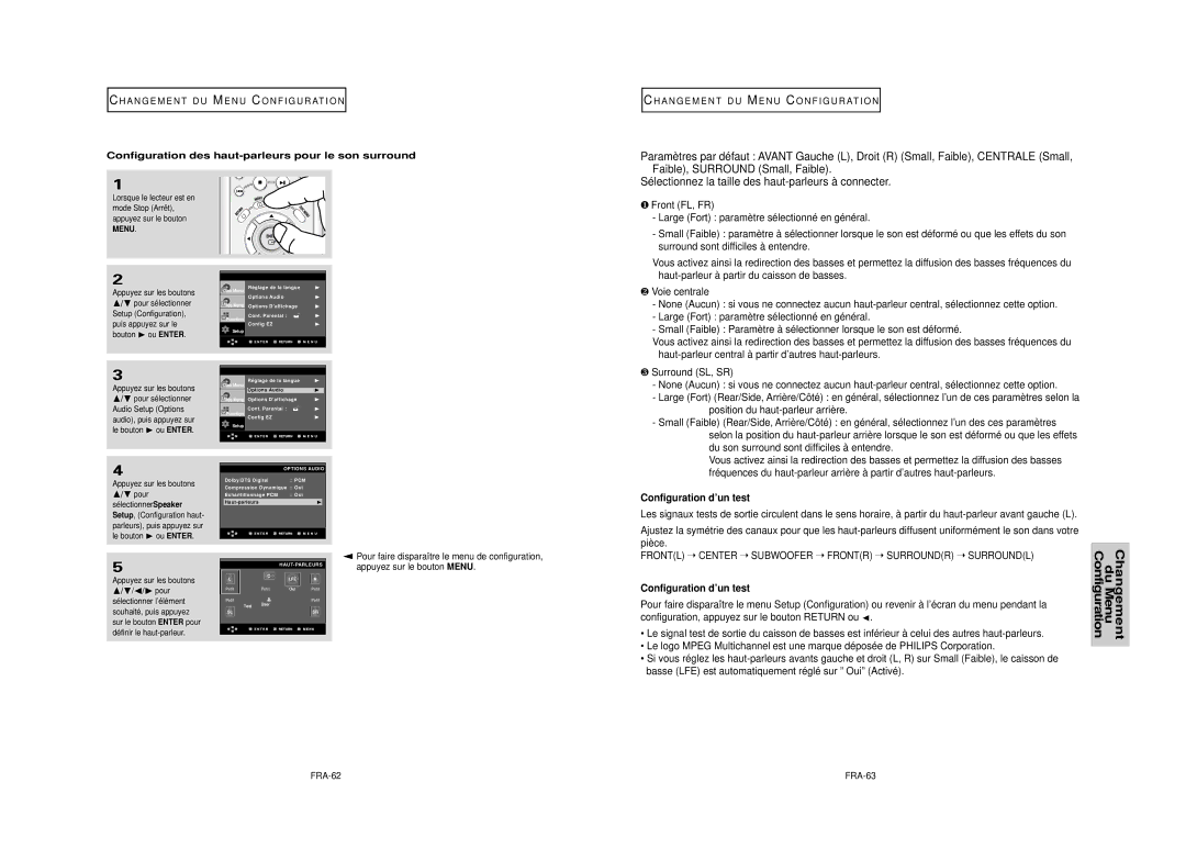 Samsung DVD-HD950 Position du haut-parleur arrière, Du son surround sont difficiles à entendre, Configuration d’un test 