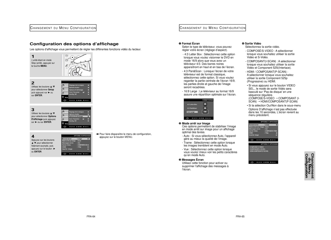 Samsung DVD-HD950 manual Configuration des options d’affichage, ❶ Format Écran, ❹ Sortie Vidéo, ❷ Mode arrêt sur Image 