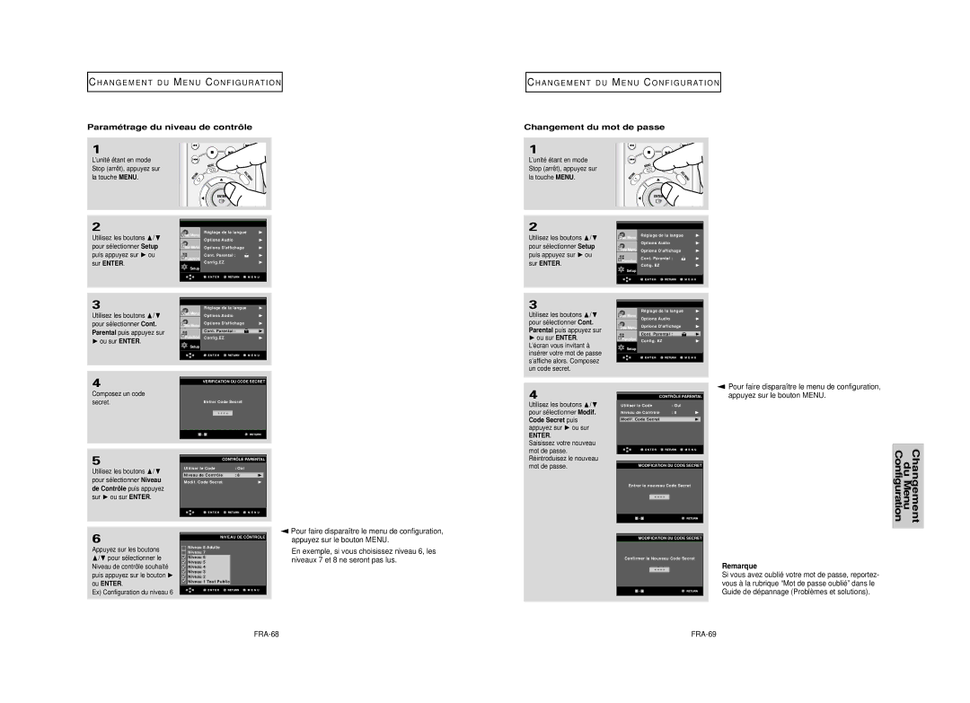 Samsung DVD-HD950 Changement du Menu Configuration, Paramétrage du niveau de contrôle, Changement du mot de passe, FRA-68 