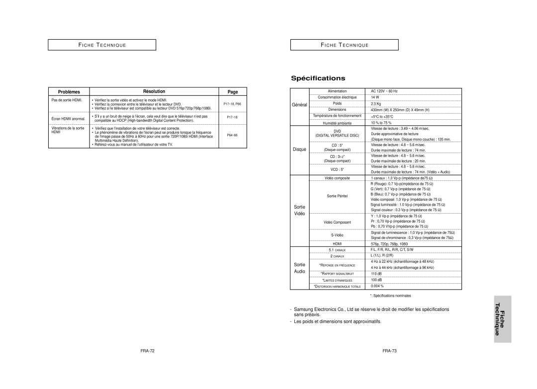 Samsung DVD-HD950 manual Spécifications, Les poids et dimensions sont approximatifs, FRA-72 