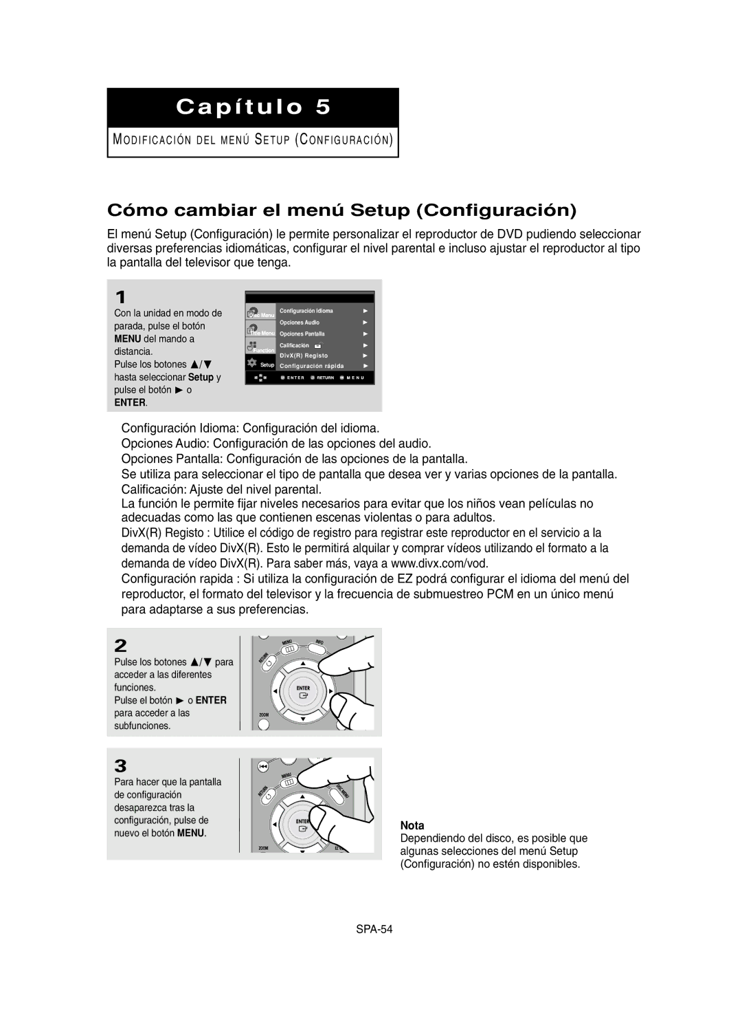 Samsung DVD-HD950/XEC manual Cómo cambiar el menú Setup Configuración 