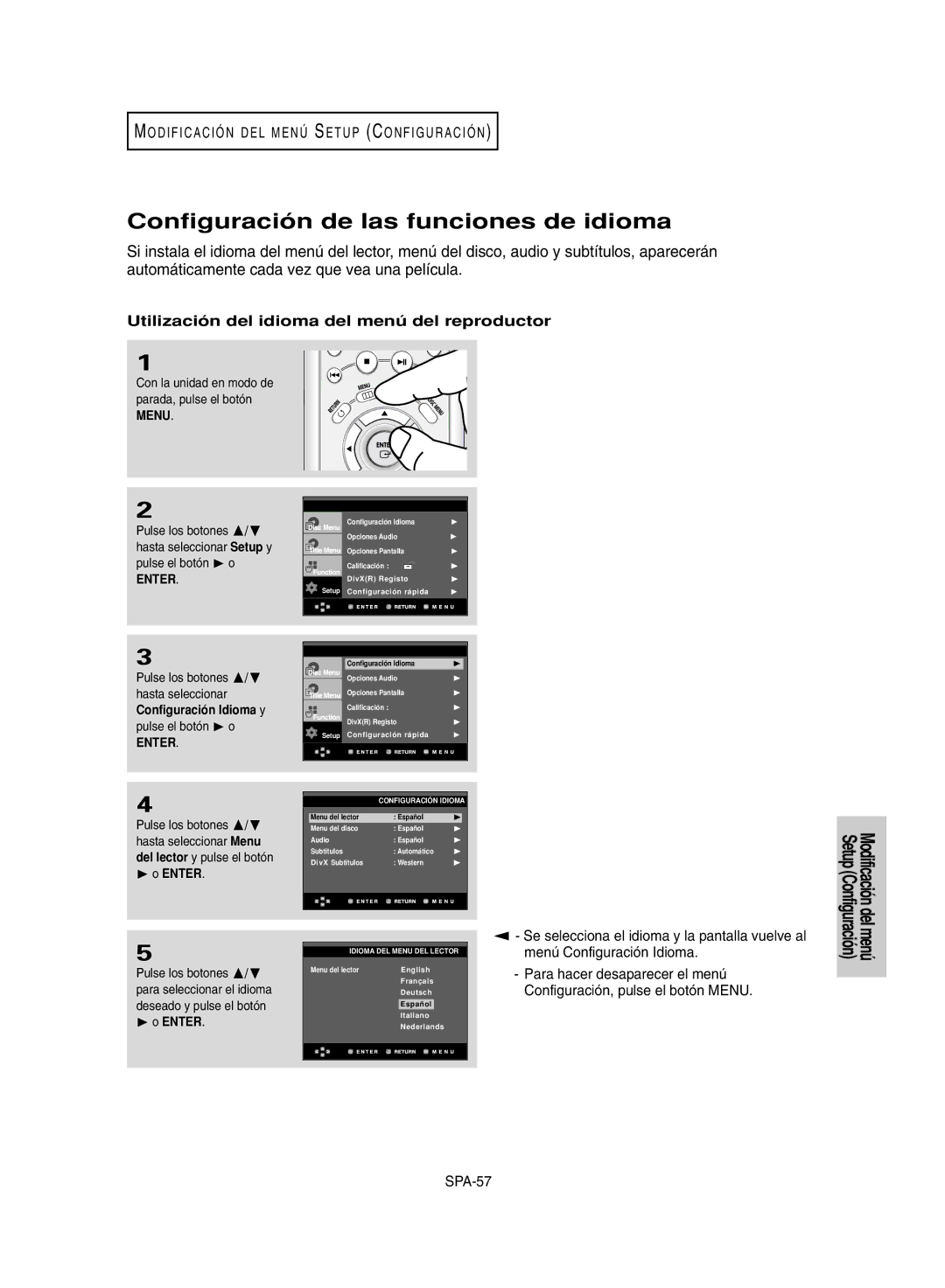 Samsung DVD-HD950/XEC manual Configuración de las funciones de idioma, Utilización del idioma del menú del reproductor 