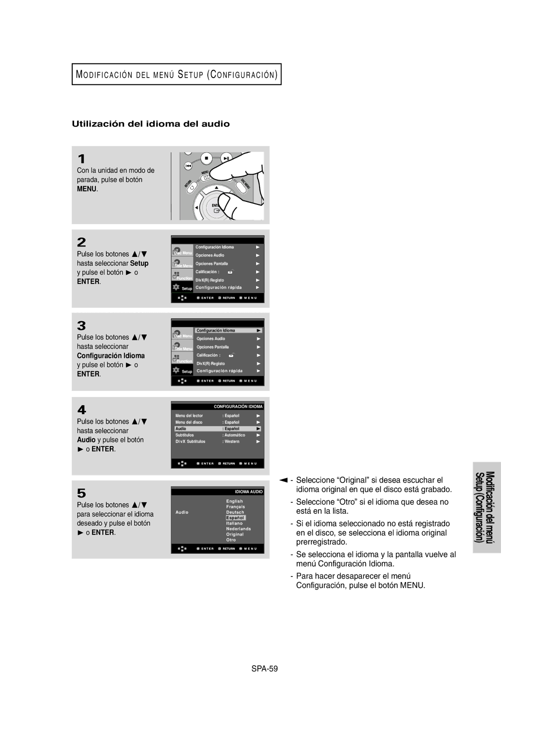 Samsung DVD-HD950/XEC manual Utilización del idioma del audio, Configuración Idioma 