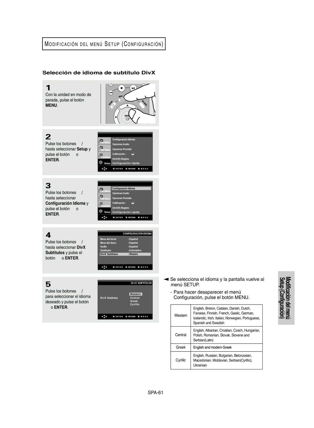 Samsung DVD-HD950/XEC manual Selección de idioma de subtítulo DivX, Para seleccionar el idioma, Deseado y pulse el botón 