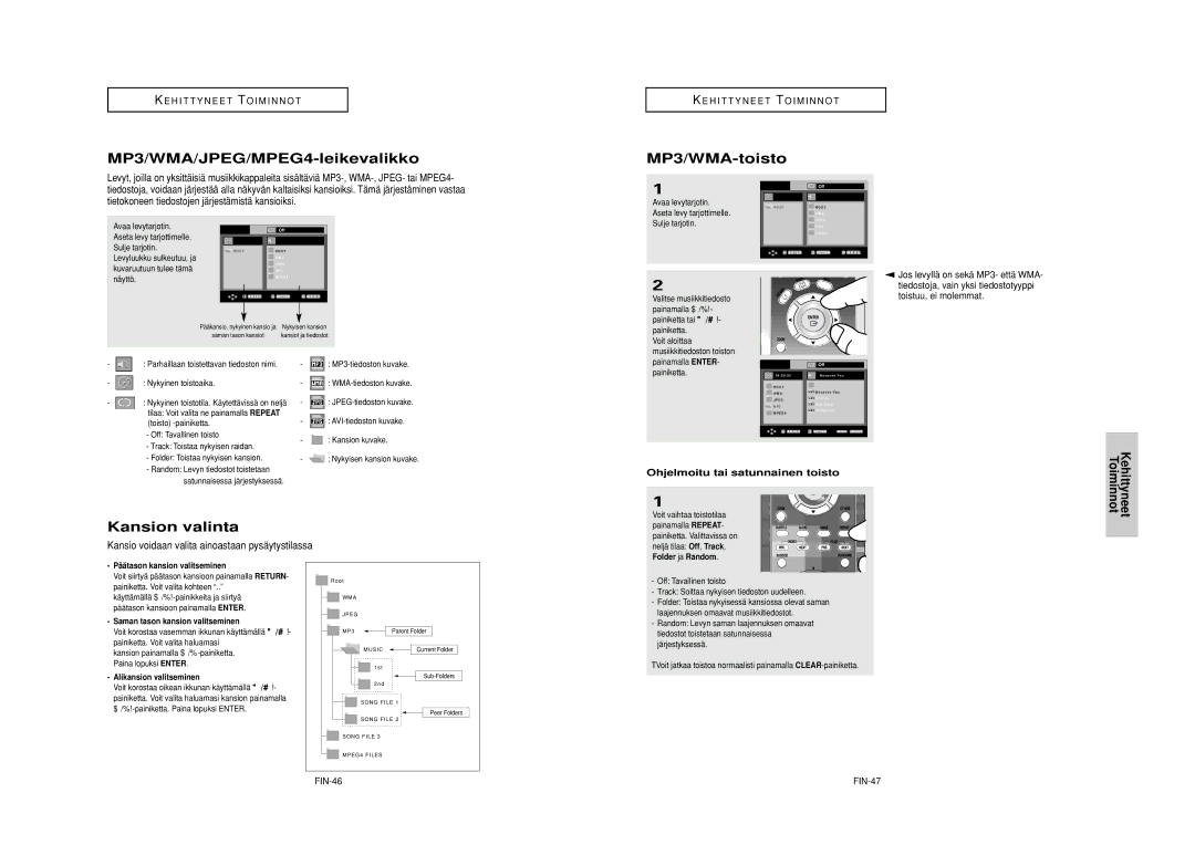 Samsung DVD-HD950/XEE MP3/WMA/JPEG/MPEG4-leikevalikko, MP3/WMA-toisto, Kansion valinta, Ohjelmoitu tai satunnainen toisto 