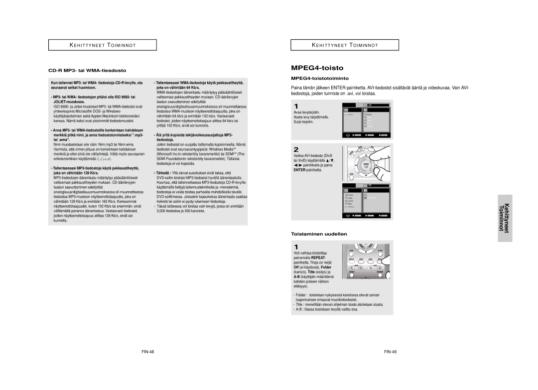 Samsung DVD-HD950/XEE manual CD-R MP3- tai WMA-tiesdosto, MPEG4-toistotoiminto, Toistaminen uudellen, FIN-48 