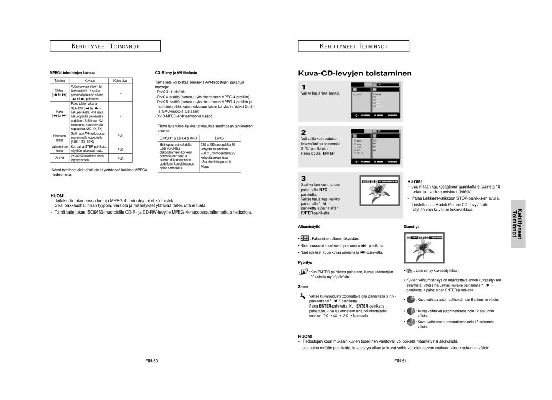 Samsung DVD-HD950/XEE manual Kuva-CD-levyjen toistaminen, MPEG4-toimintojen kuvaus CD-R-levy ja AVI-tiedosto, Albuminä yttö 