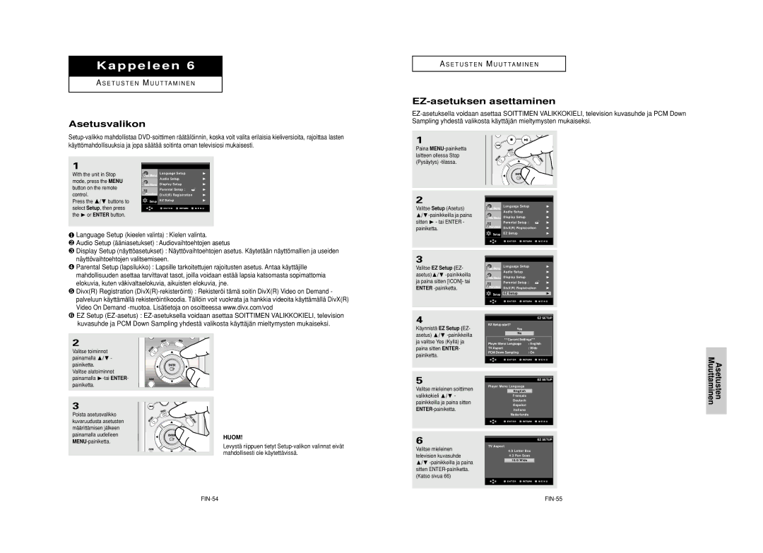 Samsung DVD-HD950/XEE manual Asetusvalikon, EZ-asetuksen asettaminen, Asetusten Muuttaminen, FIN-54, FIN-55 