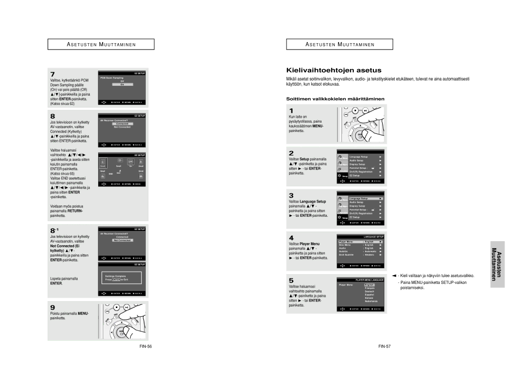 Samsung DVD-HD950/XEE Kielivaihtoehtojen asetus, Asetusten Muuttaminen, Soittimen valikkokielen mää rittä minen, FIN-56 