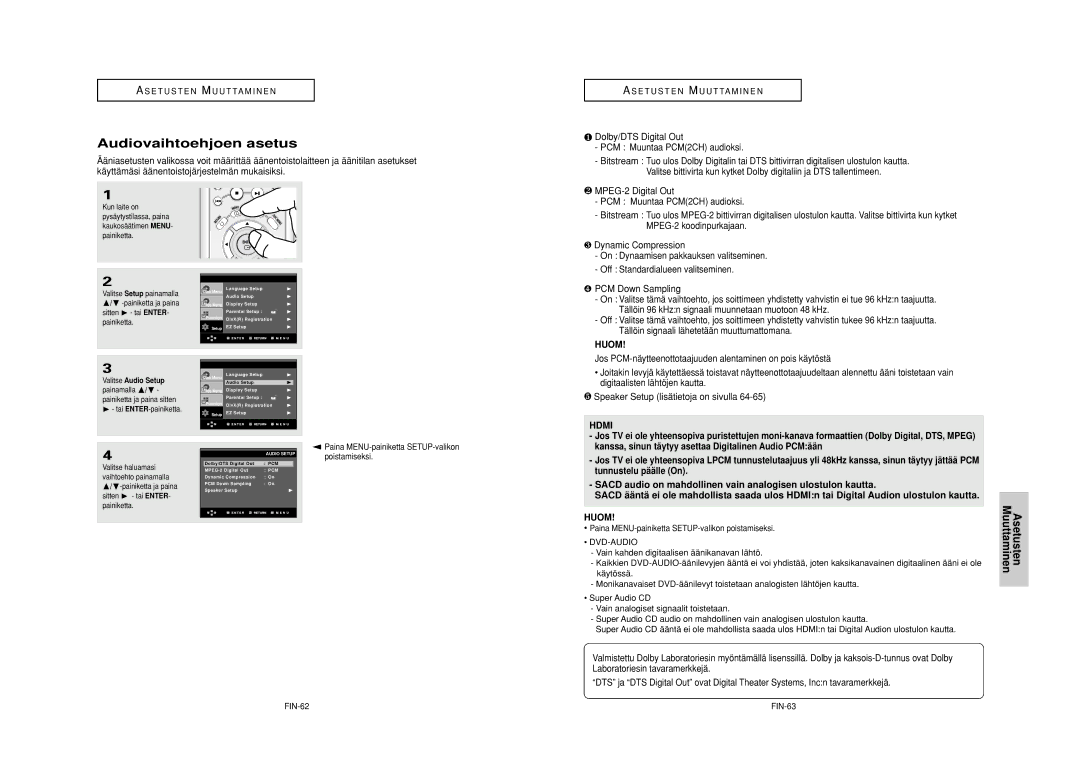 Samsung DVD-HD950/XEE manual Audiovaihtoehjoen asetus, ❶ Dolby/DTS Digital Out PCM Muuntaa PCM2CH audioksi, FIN-62 