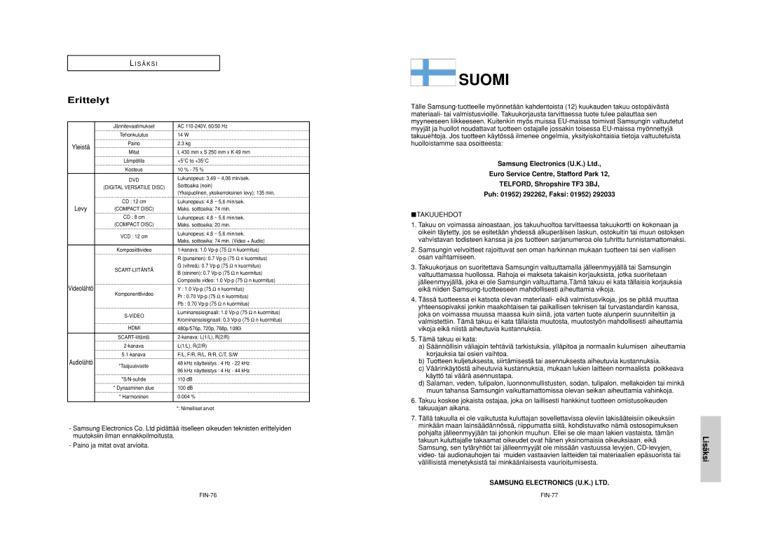 Samsung DVD-HD950/XEE manual Erittelyt, Levy, Paino ja mitat ovat arvioita, FIN-76 