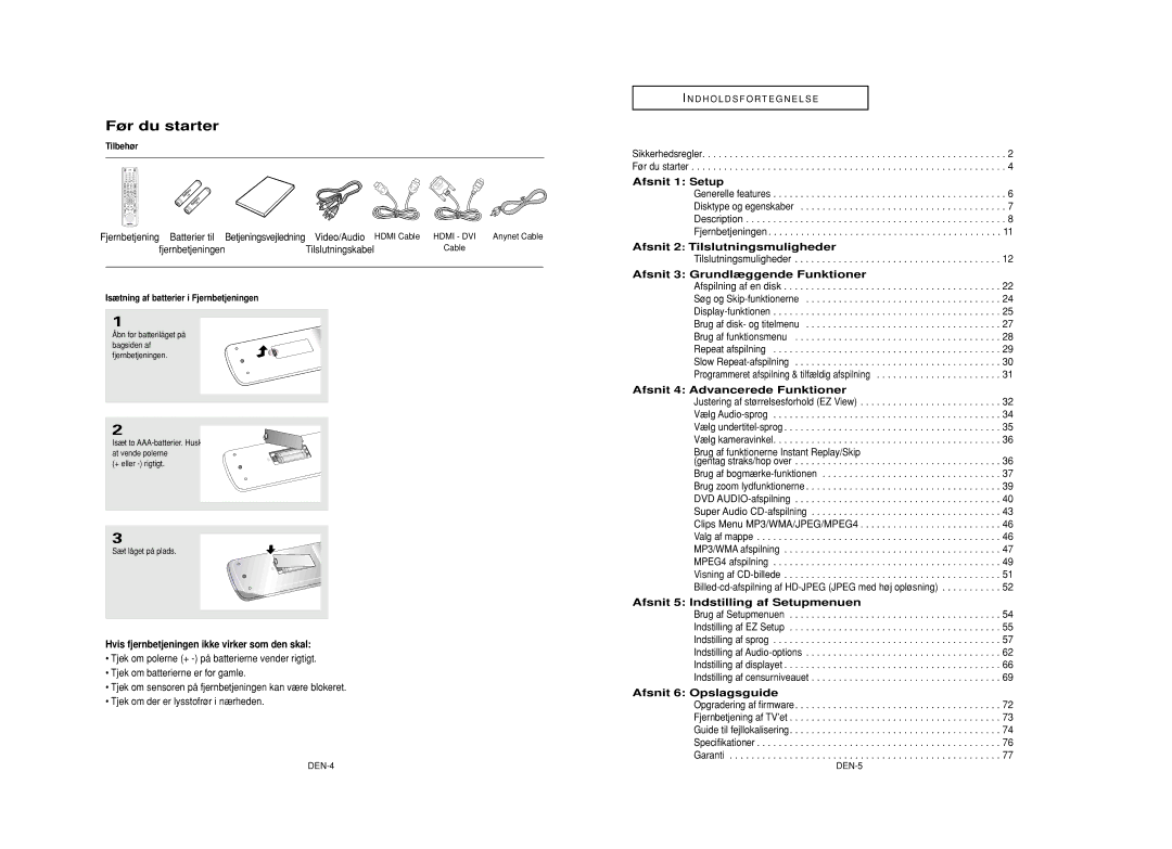 Samsung DVD-HD950/XEE manual Før du starter 