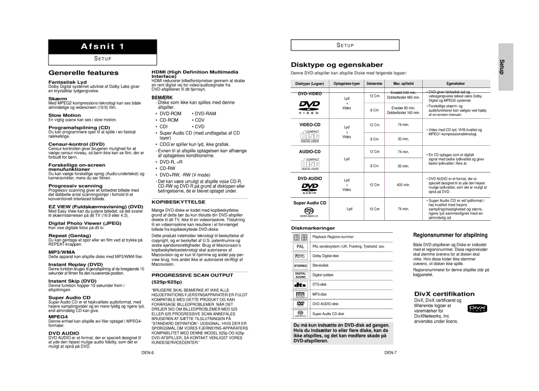 Samsung DVD-HD950/XEE manual Generelle features, Disktype og egenskaber 