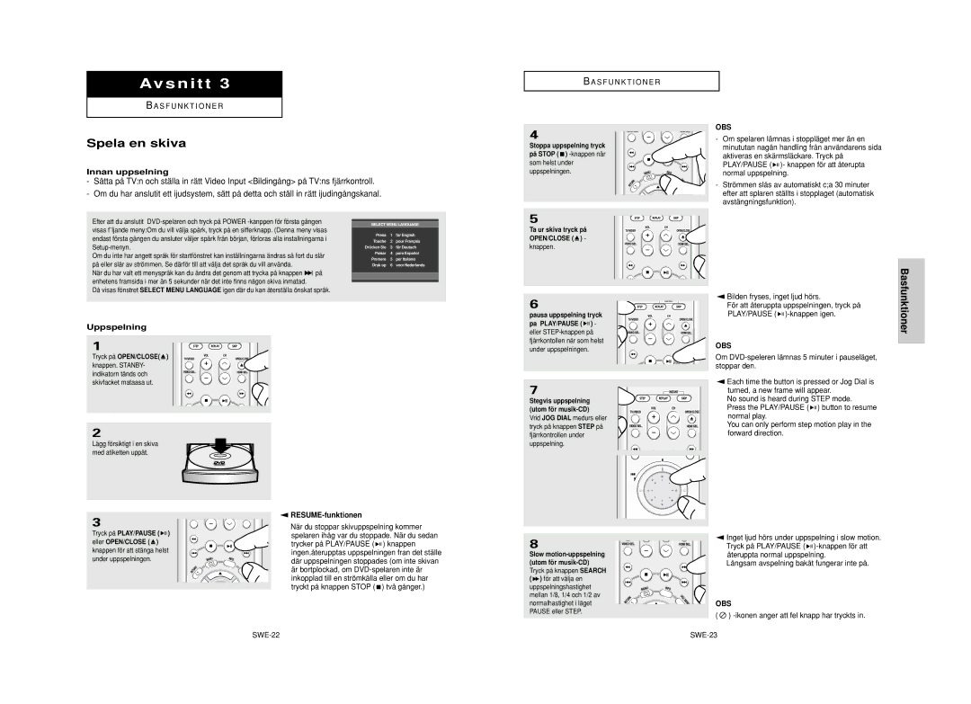 Samsung DVD-HD950/XEE manual Spela en skiva, Innan uppselning, Basfunktioner Uppspelning, RESUME-funktionen 