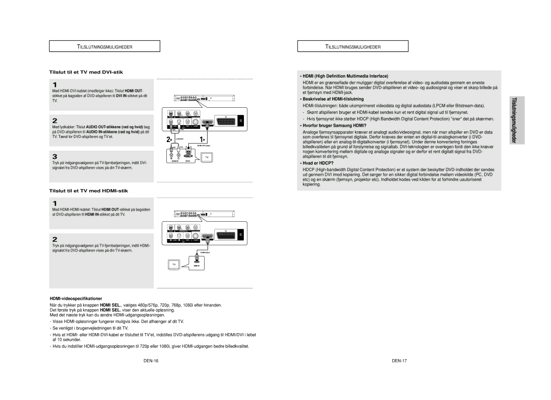 Samsung DVD-HD950/XEE manual Tilslut til et TV med DVI-stik, Beskrivelse af HDMI-tilslutning, Hvorfor bruger Samsung HDMI? 