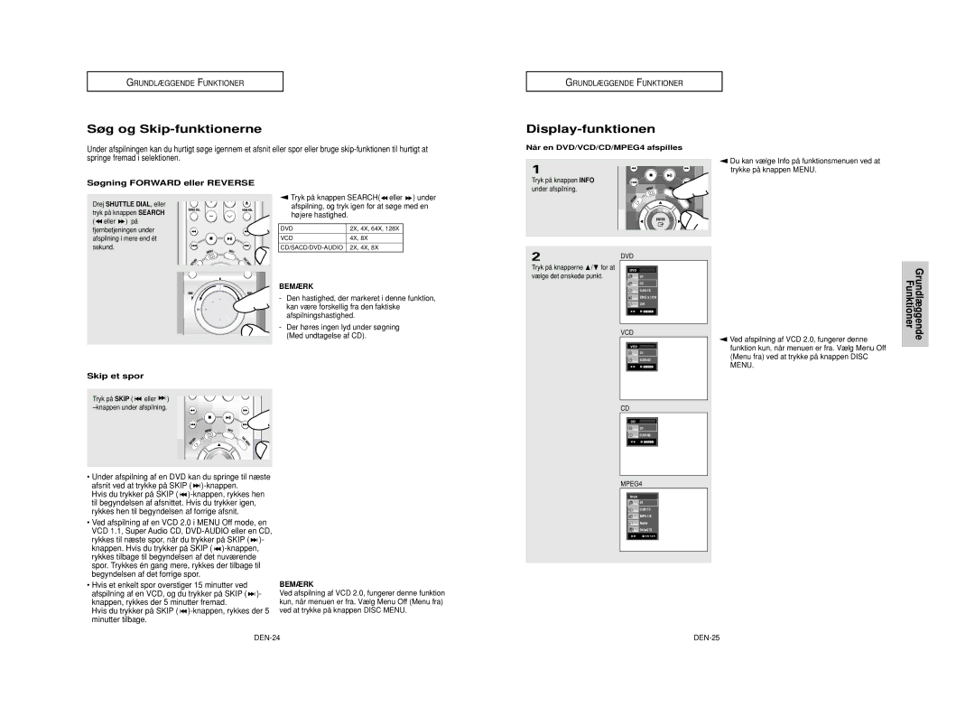 Samsung DVD-HD950/XEE manual Søg og Skip-funktionerne, Display-funktionen, Søgning Forward eller Reverse, Skip et spor 