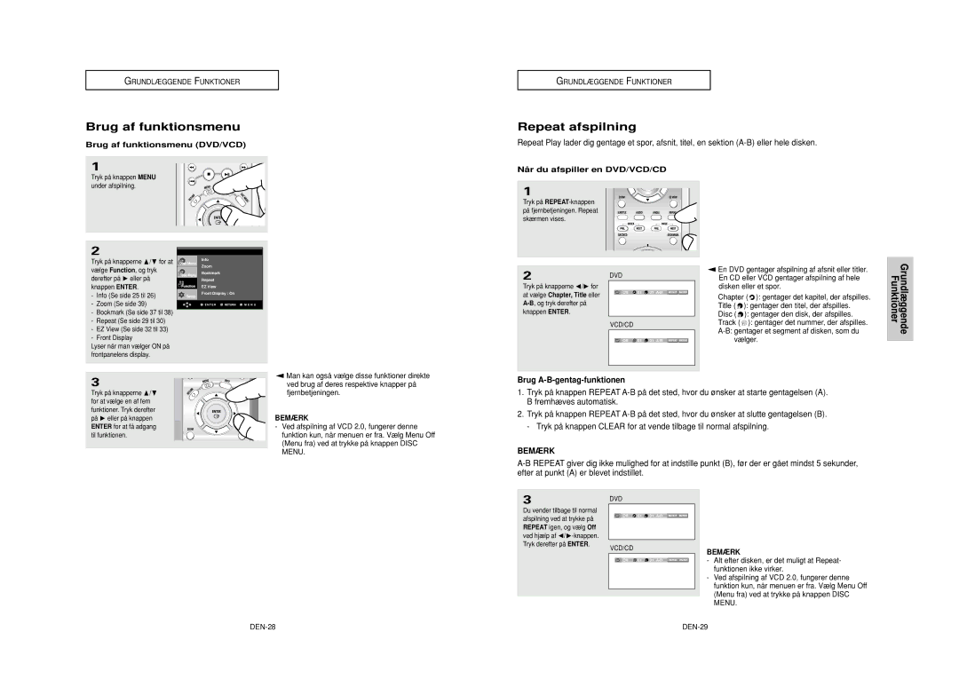 Samsung DVD-HD950/XEE manual Repeat afspilning, Brug A-B-gentag-funktionen, Brug af funktionsmenu DVD/VCD 