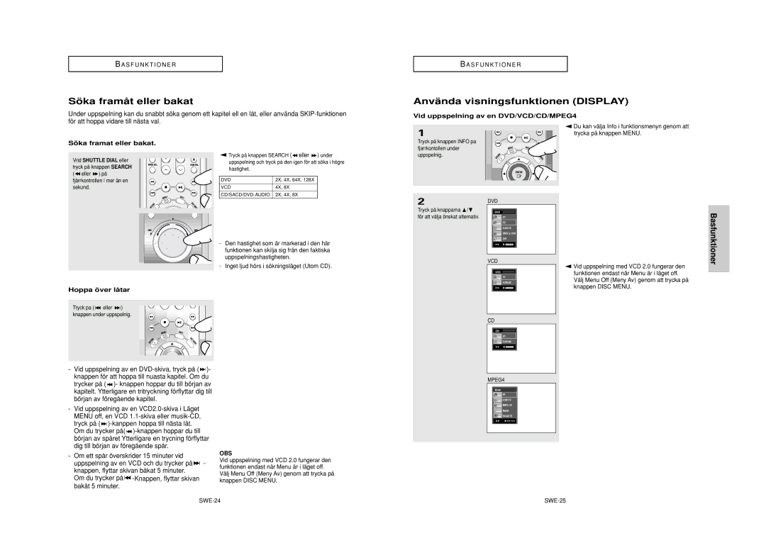 Samsung DVD-HD950/XEE manual Sö ka framå t eller bakat, Anvä nda visningsfunktionen Display, Basfunktioner 