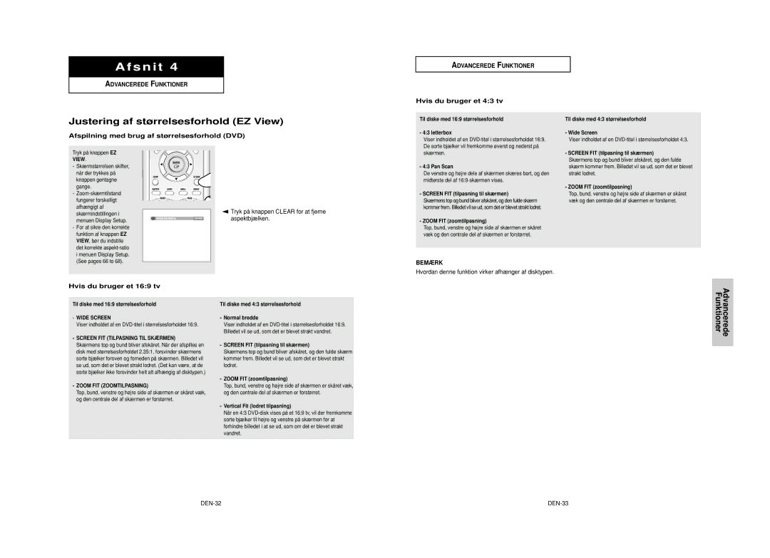 Samsung DVD-HD950/XEE manual Justering af størrelsesforhold EZ View, Advancerede Funktioner, Hvis du bruger et 43 tv 