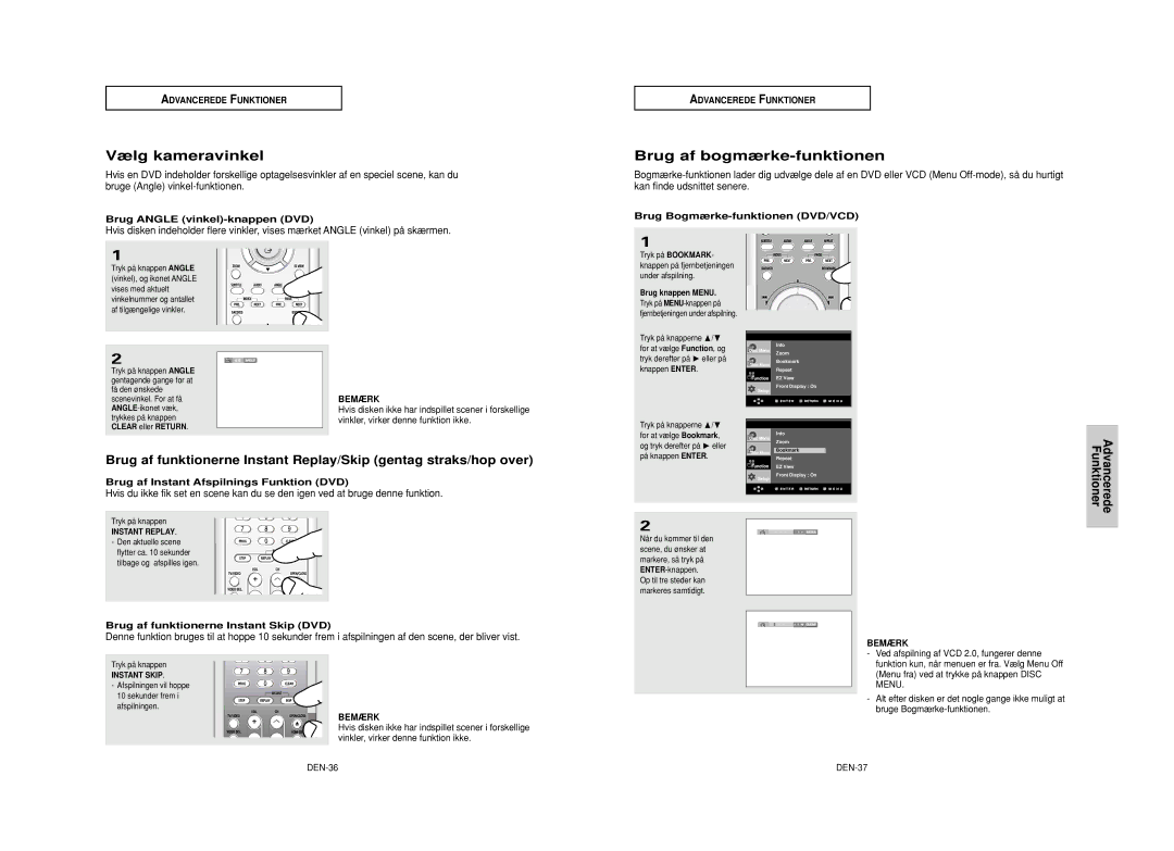 Samsung DVD-HD950/XEE manual Vælg kameravinkel, Brug af bogmærke-funktionen, Advancerede Funktioner 