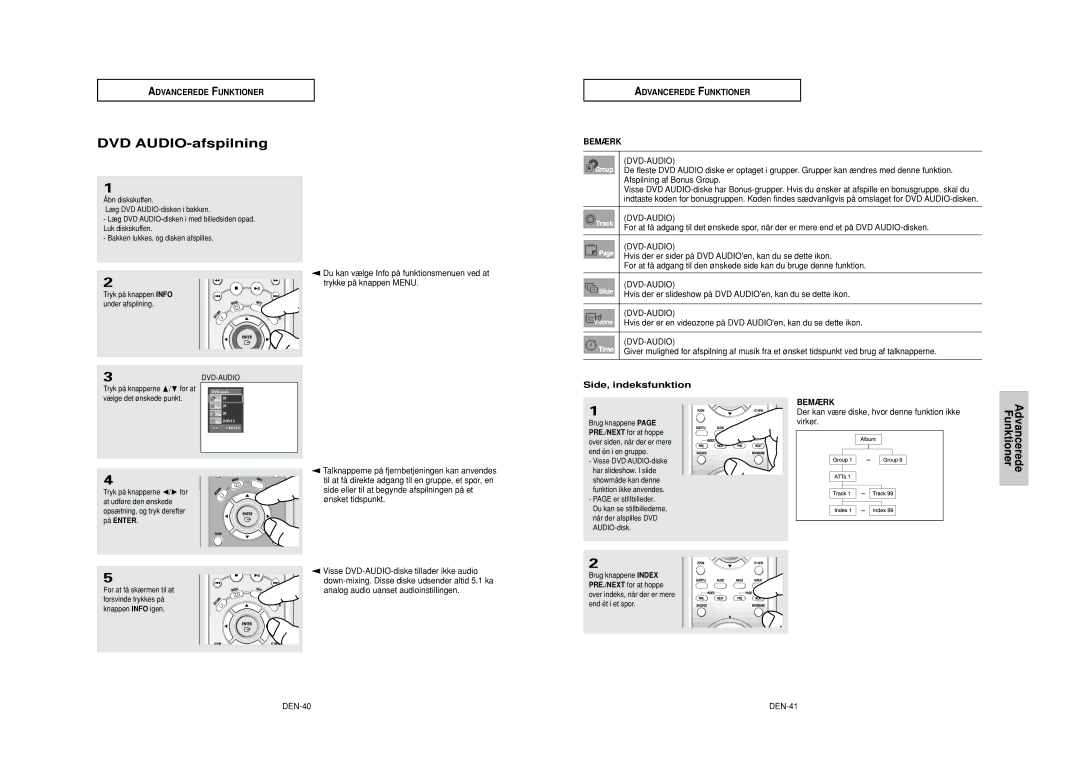 Samsung DVD-HD950/XEE manual DVD AUDIO-afspilning, Side, indeksfunktion 