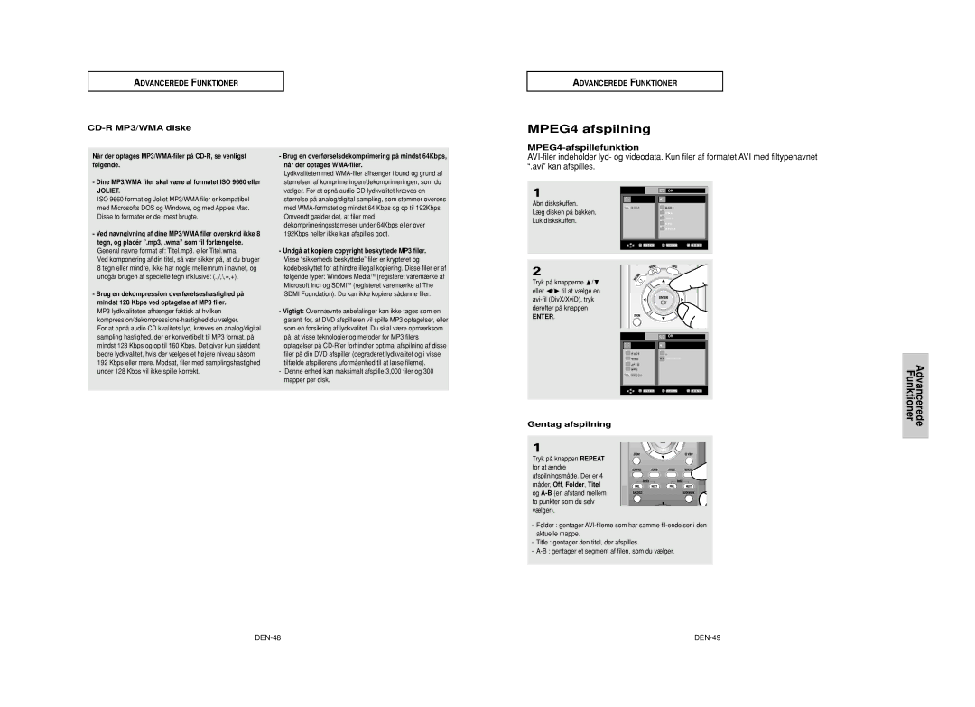 Samsung DVD-HD950/XEE manual MPEG4 afspilning, CD-R MP3/WMA diske, MPEG4-afspillefunktion, Gentag afspilning, DEN-48 