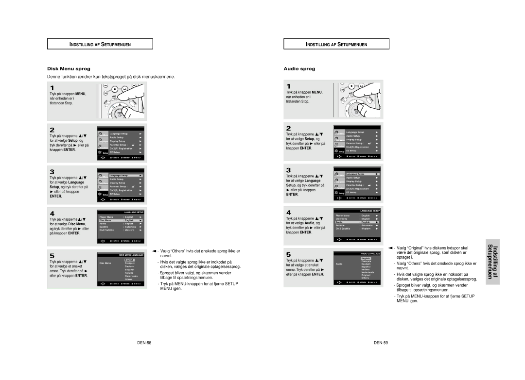 Samsung DVD-HD950/XEE manual Denne funktion ændrer kun tekstsproget på disk menuskærmene, Disk Menu sprog, Audio sprog 