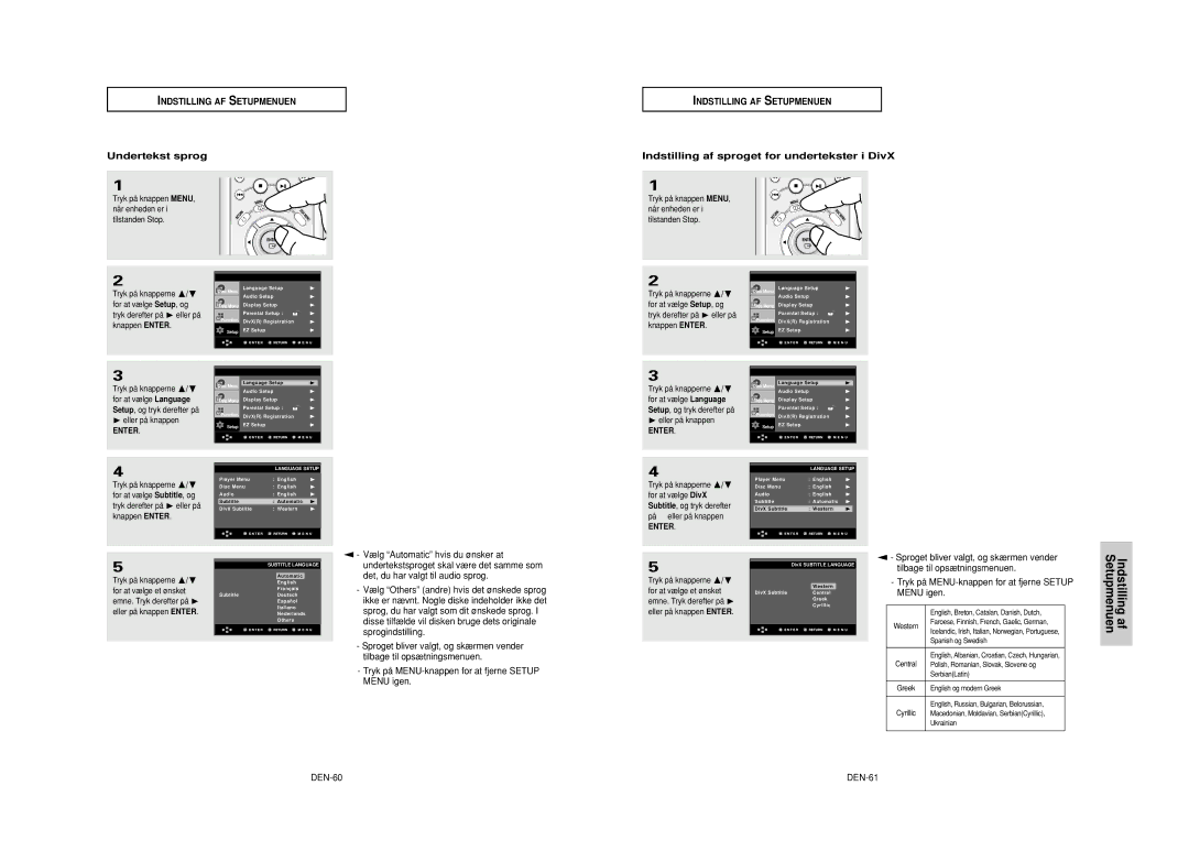 Samsung DVD-HD950/XEE manual Undertekst sprog, Indstilling af sproget for undertekster i DivX, DEN-60, DEN-61 