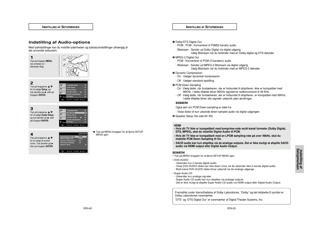 Samsung DVD-HD950/XEE manual Indstilling af Audio-options, DEN-62, DEN-63 