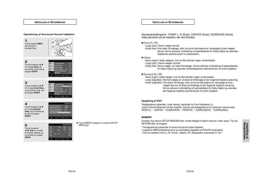 Samsung DVD-HD950/XEE manual Opsætning af Test, Opsætning af Surround Sound højtalere, DEN-64, DEN-65 