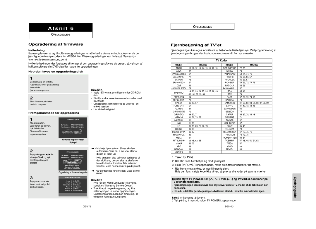 Samsung DVD-HD950/XEE manual Opgradering af firmware, Fjernbetjening af TV’et, Opslagsguide 