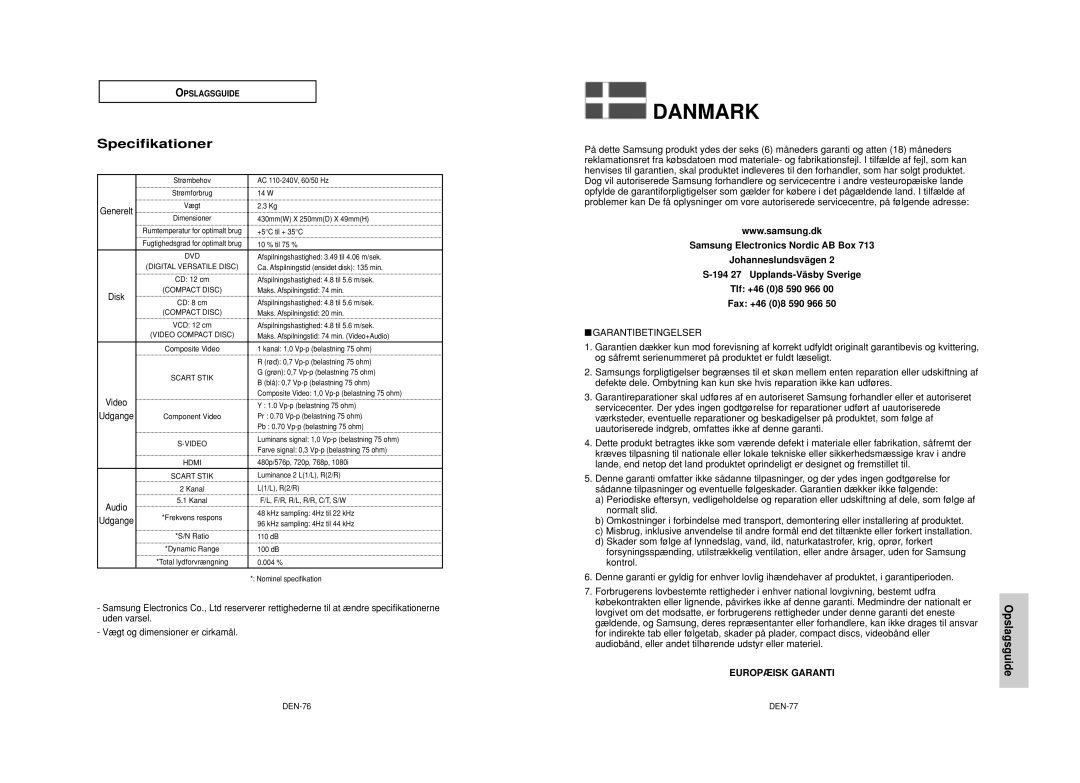 Samsung DVD-HD950/XEE manual Specifikationer, Vægt og dimensioner er cirkamål, DEN-76 