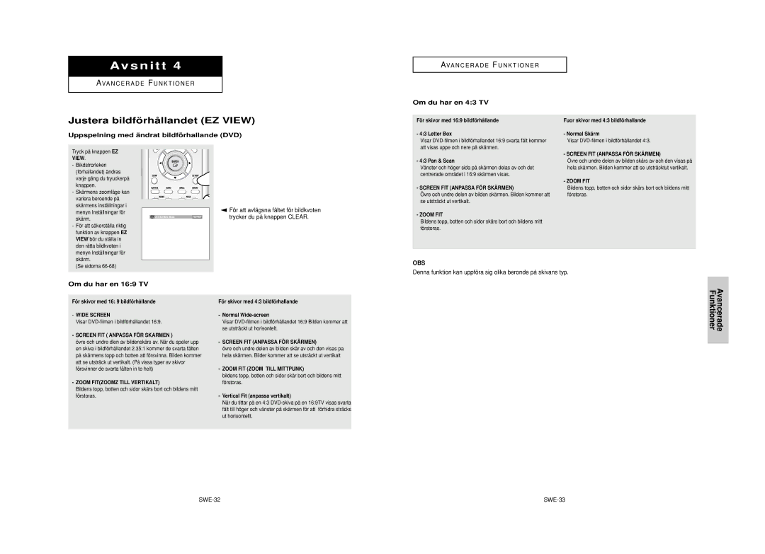 Samsung DVD-HD950/XEE Justera bildfö rhå llandet EZ View, Avancerade Funktioner, Om du har en 43 TV, Om du har en 169 TV 